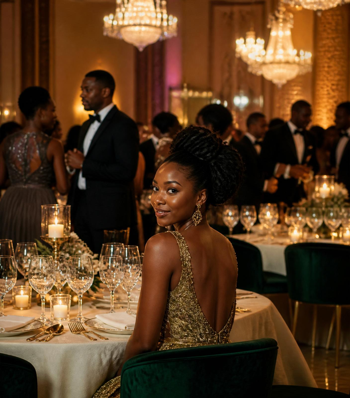 Elegant gala dinner ballroom with candlelit tables and guests in evening attire